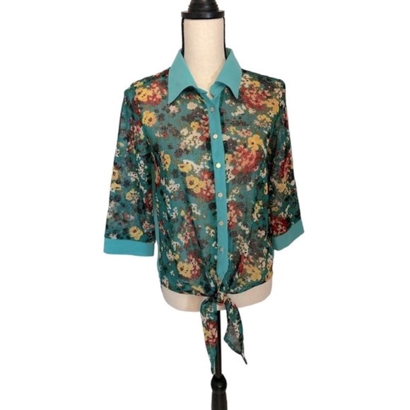 Western Top Button Up Turquoise Floral 3/4 Sleeve Open Back Beading Medium - Picture 2 of 7